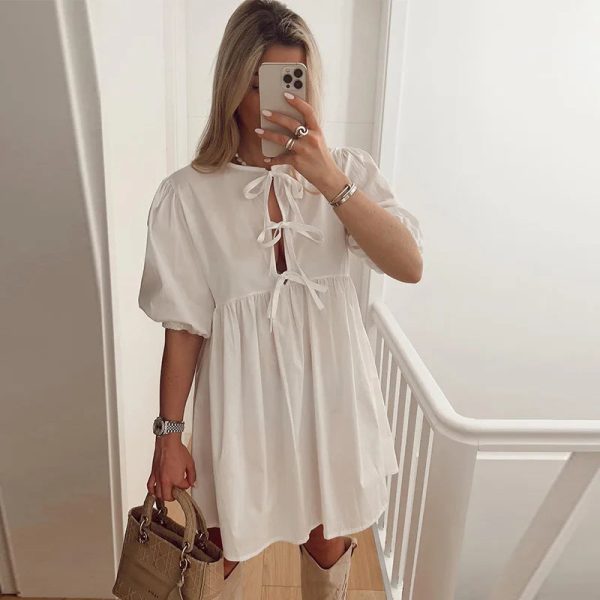 Leopard Print Bow Lace Up Mini Dress for Women O-neck Hollow Out Short Puff Sleeve Sweet Dresses 2024 Summer A-line Lady Vestido