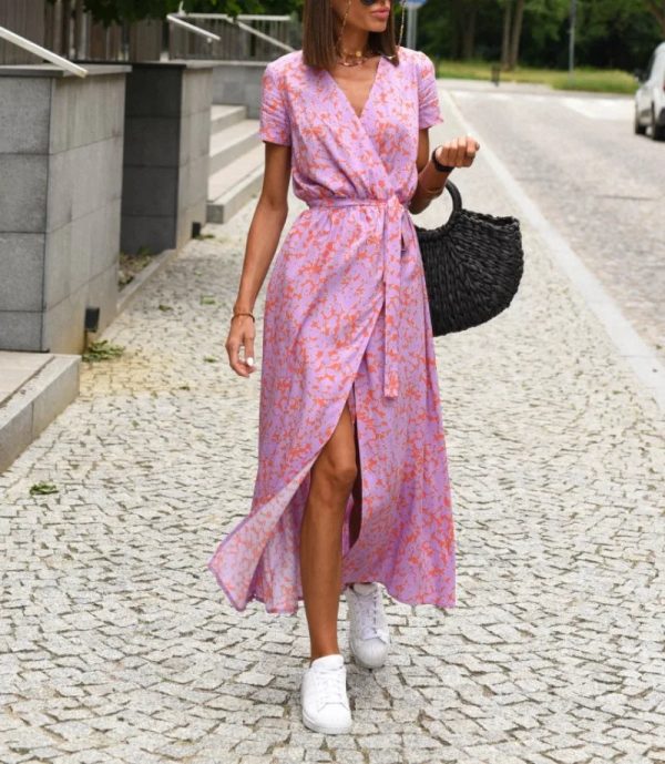 Women's Fashionable Casual Loose Tie V-neck Split Print Short Sleeved Long Dress