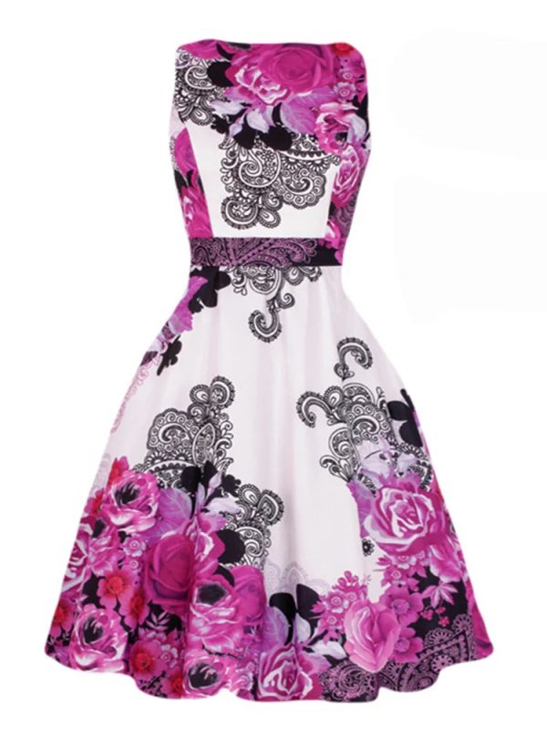 Sleeveless Cotton Rockabilly Dress Robe Femme Retro Casual Knee Length Office Floral Bird Animal Print Christmas 50s Party