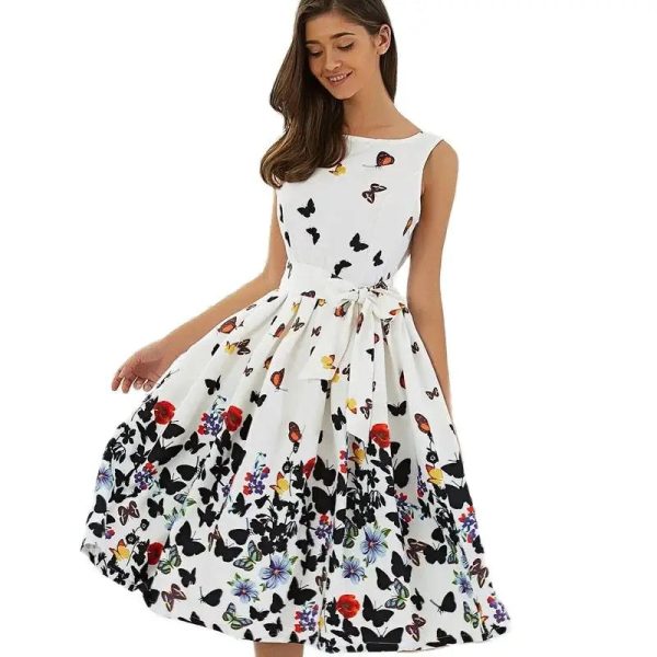 Crewneck sleeveless garden print women's pleated lace-up dress with playful cute mid-length dress