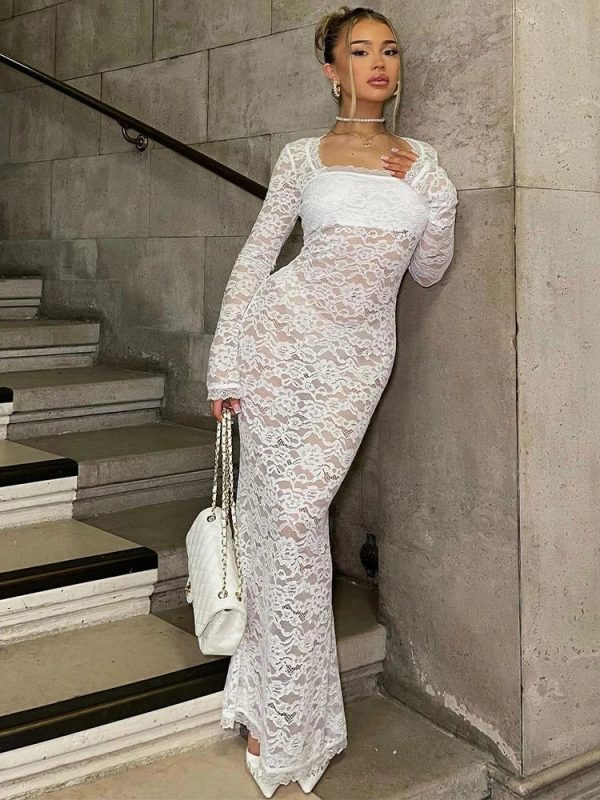 Floral Print Square Collar Long Sleeve Sexy Slim Sheer See Through Maxi Dress Women Fashion Holiday Club Y2K Outfit