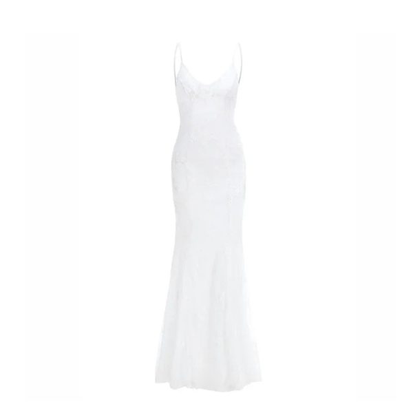 Women Party Long Dress White Sexy Lace Dress V Neck Backless Lace Up Maxi Bodycon Dresses