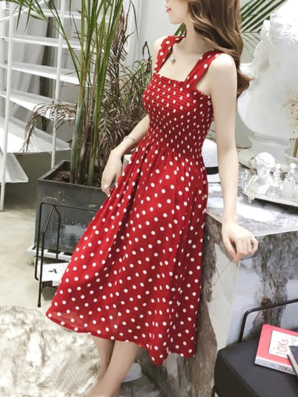 Beach Long Vintage Dots Casual Ruffles Elegant Maxi Strap Silky Dress Women
