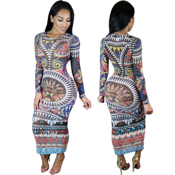 Vintage Long Sleeve Print Midi Length Dress