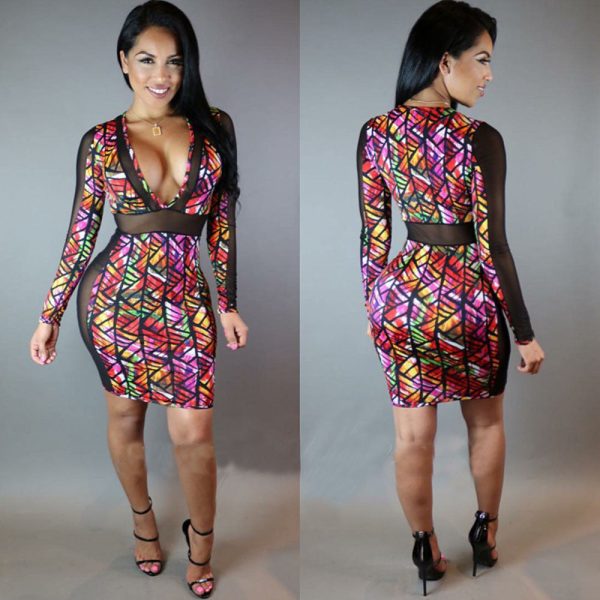 Digital Printed Mesh Patchwork Vintage Baroque Style Deep V-Neck Bandage Party Dress