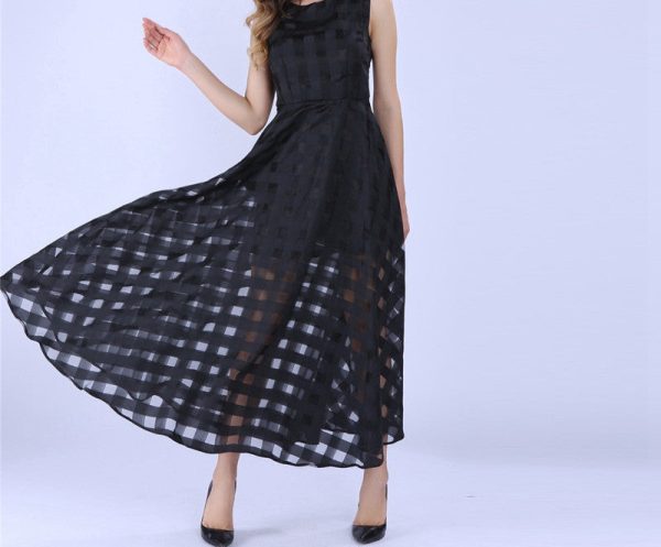 Maxi Summer Plaid Women Dress Long Organza day Dress Satin Fashion style black women dresses