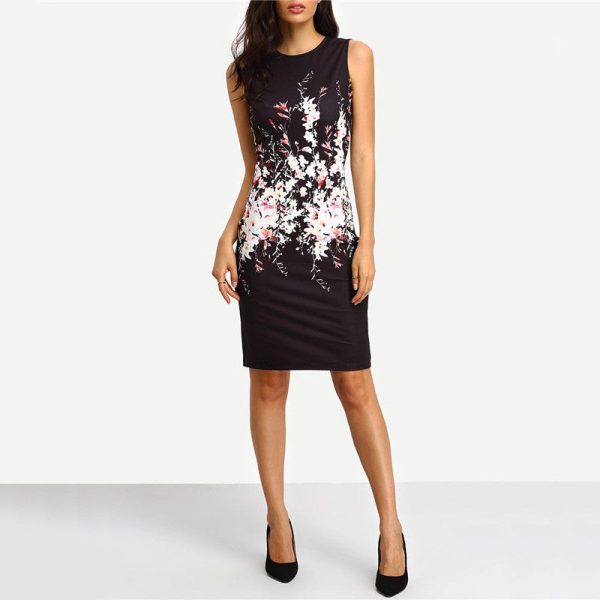 Summer Style Bodycon Dresses Vintage Ladies Sexy Fitness Floral Print Sleeveless Crew Neck Dress